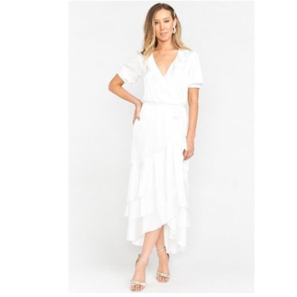 Show Me Your Mumu Evermore Satin Ruffle Wrap Dress